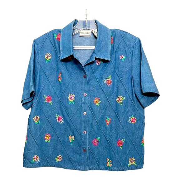 Vintage 90s Y2K Embroidered Floral Quilted Denim Short Sleeve Button Down Top - Picture 1 of 5
